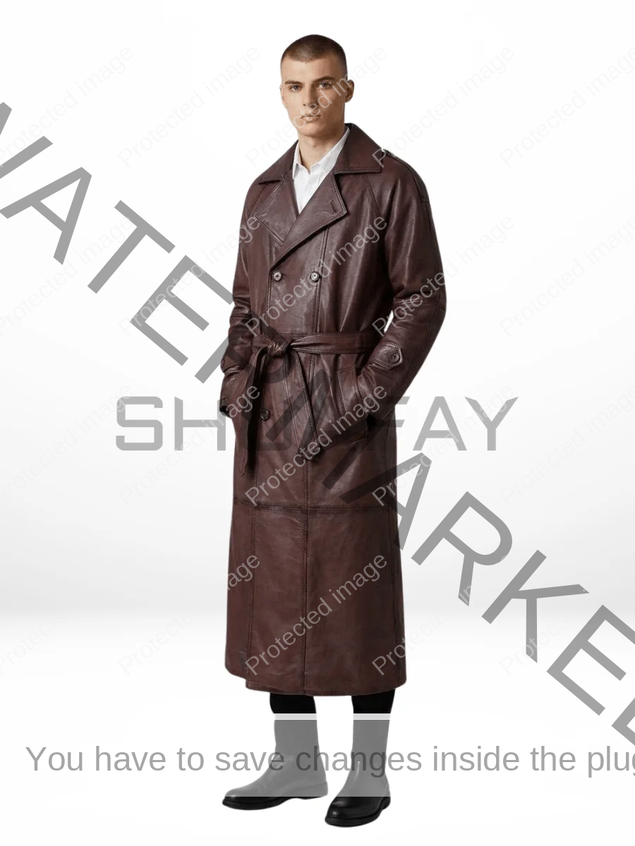 SHUAFAY Leather Trench Coat in rich brown leather, featuring a classic double-breasted design with a waist belt for a luxurious, timeless biker-inspired look. Perfect for stylish cold-weather wear.