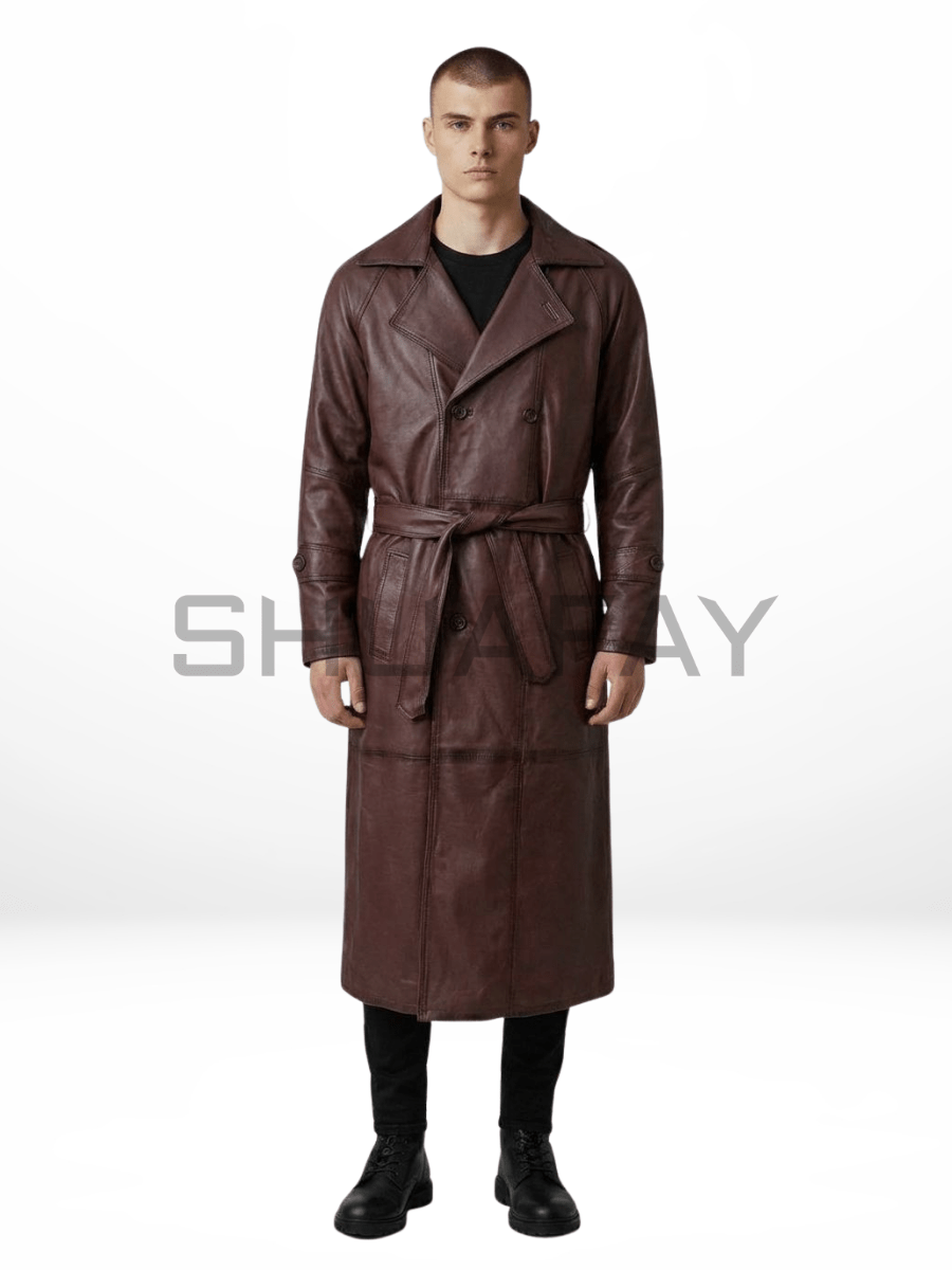 SHUAFAY Gothic Luxe Trench Coat – Men’s Cowhide Leather Double-Breasted Long Coat