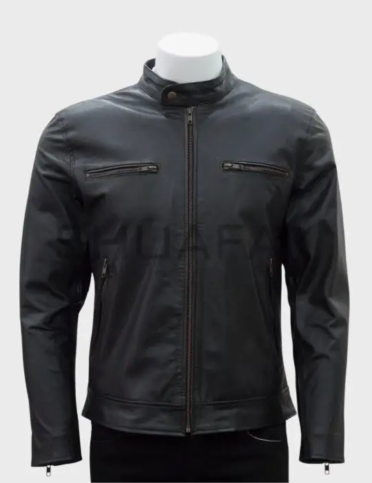 a black leather jacket on a mannequin