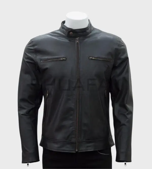 a black leather jacket on a mannequin