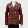ShuaFAY Women Leather Biker Jacket with Belt, Red, Premium Leather, Stylish Motorcycle Fashion, Luxury Road Wear, Women's Outerwear, High-Quality Craftsmanship, Trendy and Durable.