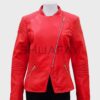 SHUAFAY Red Leather Moto Jacket with Zipper Detailing and Quilted Shoulder Accents.
