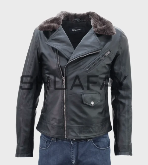 a black leather jacket with a fur collar