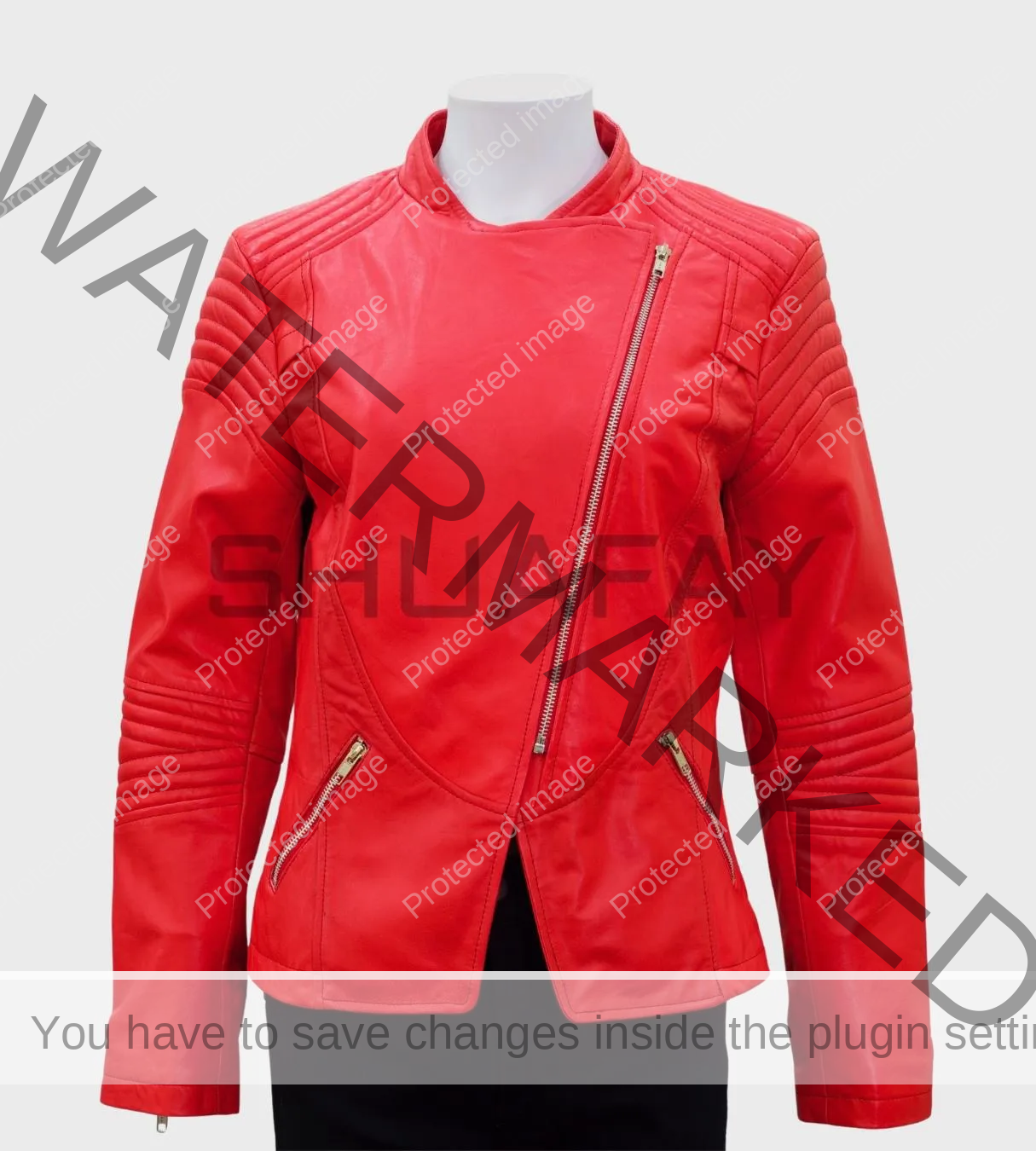SHUAFAY Red Leather Moto Jacket with Zipper Detailing and Quilted Shoulder Accents.