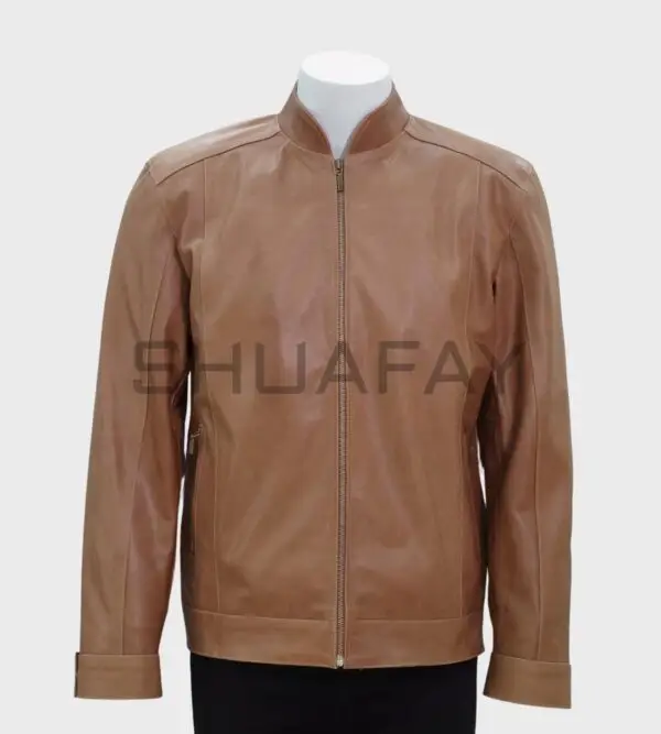 Urbane Lam Men’s Leather Jacket with Ban Collar