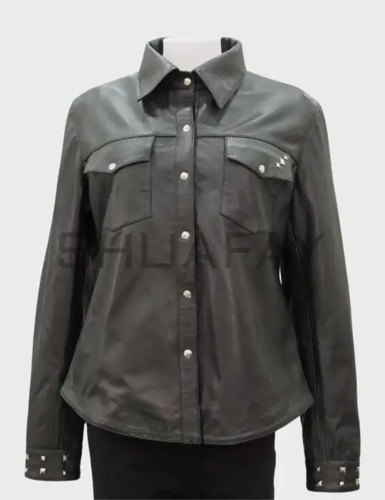 Lustre Women’s Leather Shirt with Stud Detailing