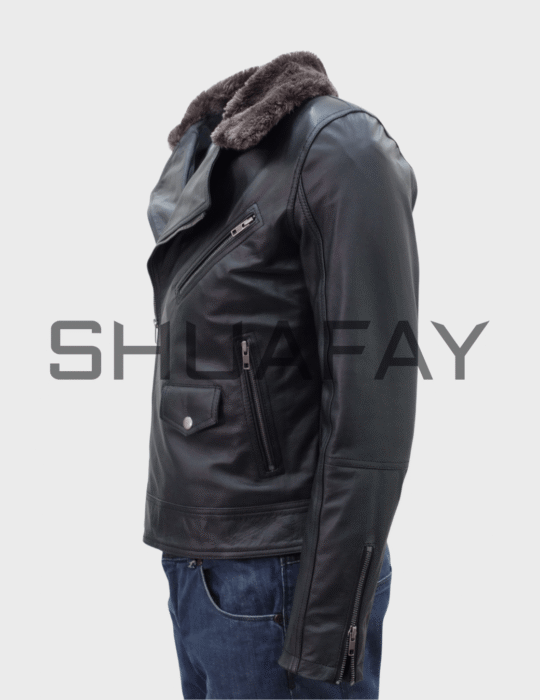 SHUAFAY Black Leather Motorcycle Jacket with Fur Collar and Multiple Zipper Pockets, Premium Biker Gear for Luxury Lifestyle.