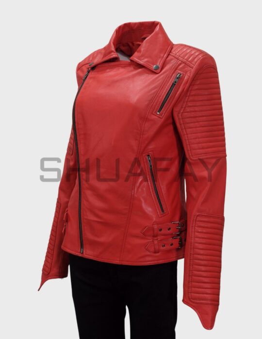SHUAFAY Red Leather Biker Jacket with Quilted Details and Zipper Accents.