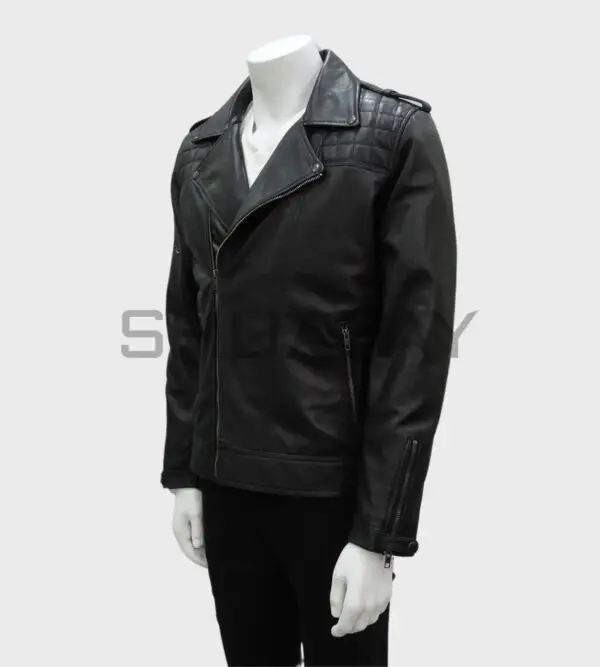 a mannequin wearing a black leather jacket