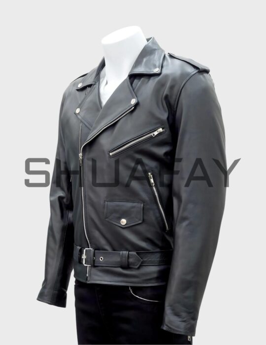 SHUAFAY men's black leather biker jacket with silver zippers and epaulets, premium textured leather, modern design for luxury biker lifestyle.