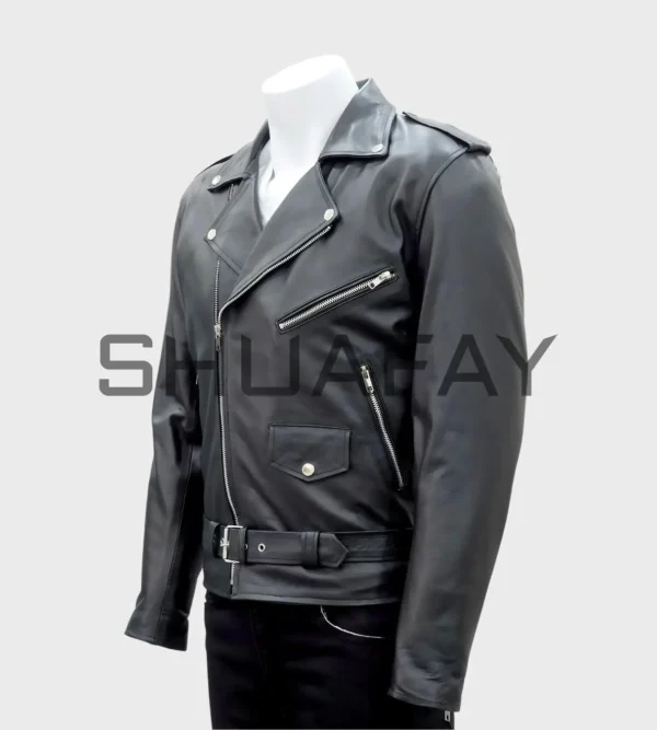 a black leather jacket on a mannequin