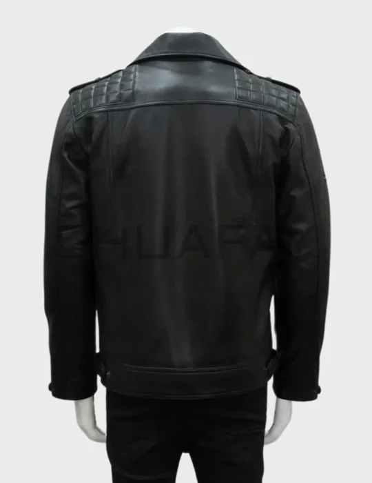 a black leather jacket on a mannequin