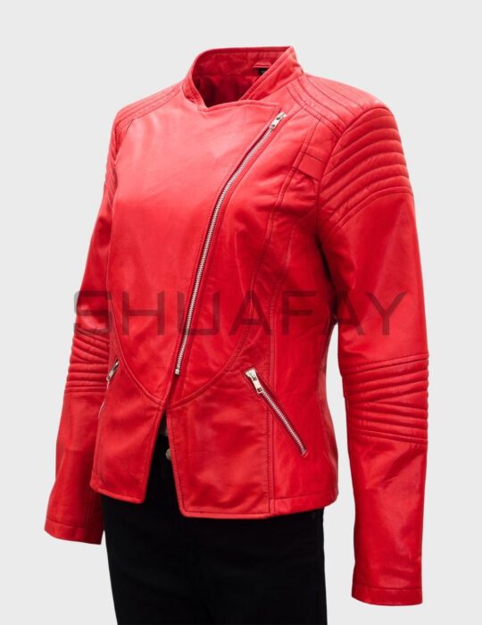 SHUAFAY Red Leather Biker Jacket with Quilted Shoulder Details and Asymmetric Zipper.