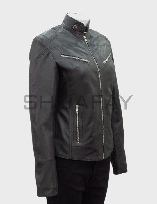 SHUAFAY Men’s Leather Biker Jacket with Zippers and Stand-Up Collar, Premium Black Leather, Fashion-Forward Motorcycle Style.