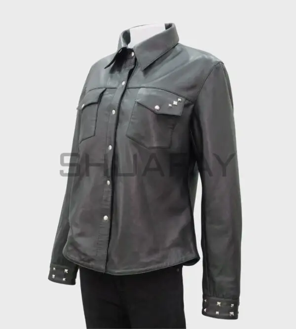 Lustre Women’s Leather Shirt with Stud Detailing