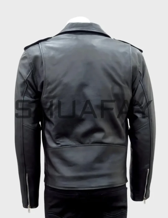 a black leather jacket on a mannequin