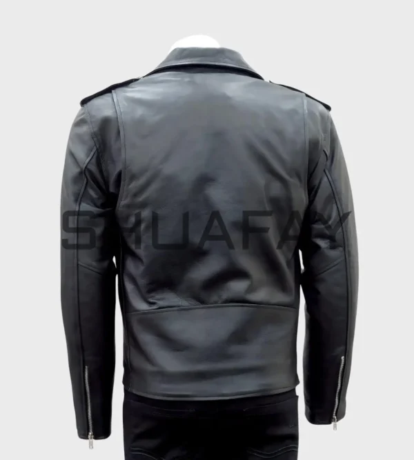 a black leather jacket on a mannequin