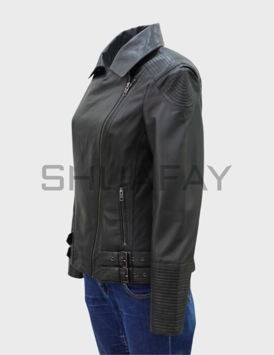 SHUAFAY Leather Biker Jacket with Quilted Shoulders and Belt Detail, premium black leather design for a bold, stylish look. Perfect for casual and motorcycle fashion statements.