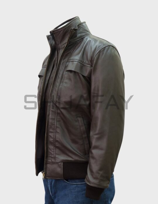 Shuafay men's dark brown leather bomber jacket with zipper closure and ribbed cuffs and hem.