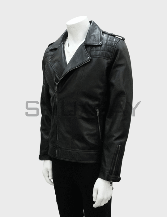 SHUAFAY Black Leather Biker Jacket with Quilted Shoulder Detailing.