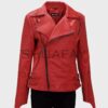 SHUAFAY Vintage Red Leather Biker Jacket with quilted shoulder details, zippered cuffs, and adjustable side buckles, crafted for luxury motorcycling style.