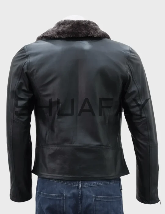 a black leather jacket with fur collar