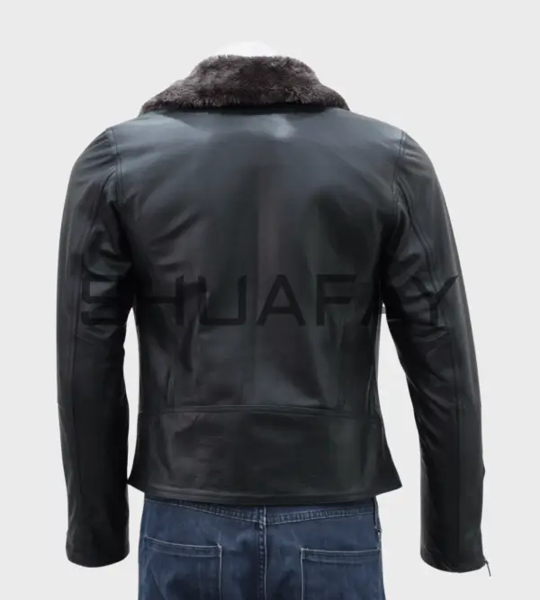 a black leather jacket with fur collar