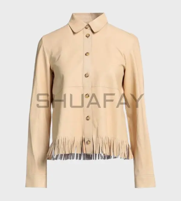 Luxe Lambskin Shirt for women with collar-style button closure, striped detailing, and premium leather craftsmanship.