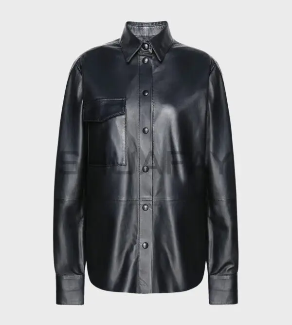 Aurum Vogue Leather Shirt for Women - Premium leather shirt with traditional collar, titch button closure, flap-over pocket, and half-round hemline.