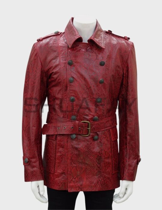 Shuafay luxury red snakeskin leather trench coat with double-breasted buttons and belted waist, stylish and premium biker lifestyle apparel for men and women.