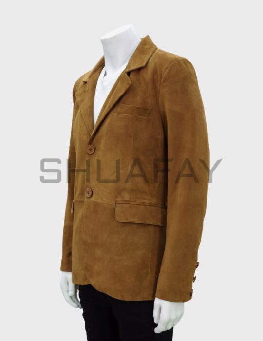 SHUAFAY Camel Suede Leather Blazer with Classic Tailoring and Button Details.
