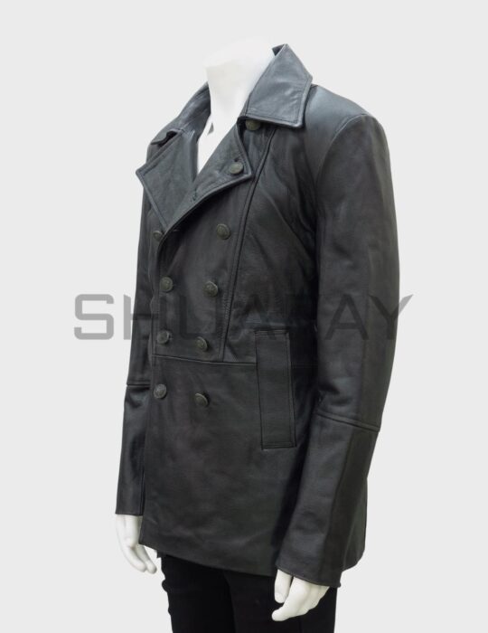 SHUAFAY Black Leather Double-Breasted Biker Coat for Men, Premium Genuine Leather with Classic Lapel Collar, Stylish and Durable for Motorcycle Enthusiasts.