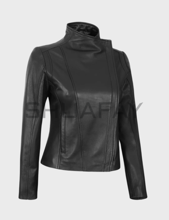 SHUAFAY Leather Motorcycle Jacket with Stand Collar and Slim Fit Design.