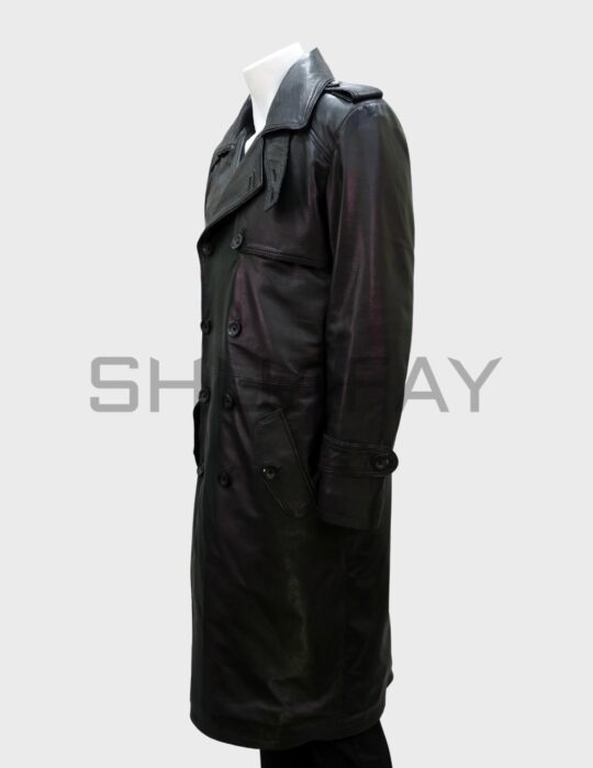 SHUAFAY Black Leather Trench Coat with Double Breasted Design and Epaulets for a Luxe Biker Look.