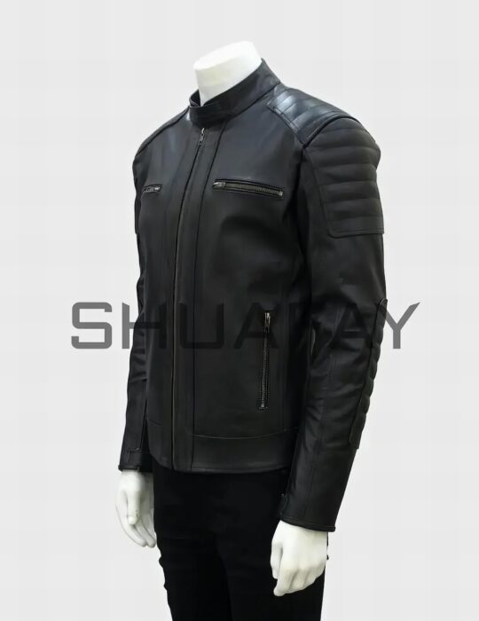 Shuafay men's black leather biker jacket with quilted shoulder details and zippered pockets, stylish and durable for urban riding.