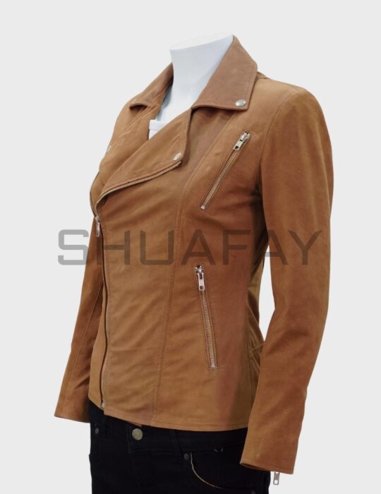 SHUAFAY Women's Leather Motorcycle Jacket in Tan with Zipper Details and Classic Collar.