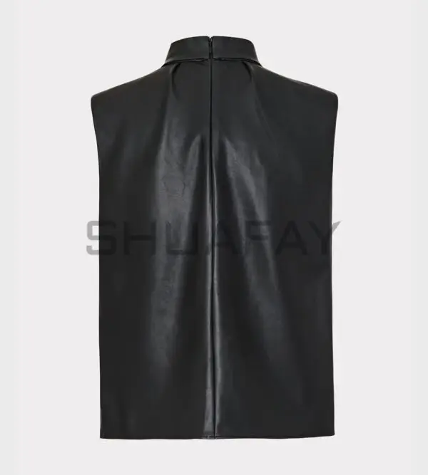 Pinnacle Lambskin Top for Women - High-neck lambskin leather top with tie detail, padded shoulders, pleated neckline, and back zipper.