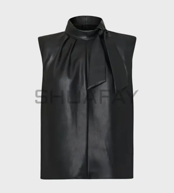 Pinnacle Lambskin Top for Women - High-neck lambskin leather top with tie detail, padded shoulders, pleated neckline, and back zipper.