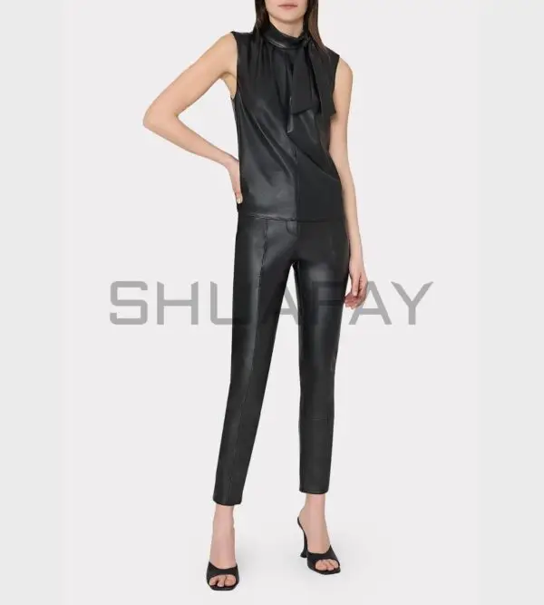 Pinnacle Lambskin Top for Women - High-neck lambskin leather top with tie detail, padded shoulders, pleated neckline, and back zipper.