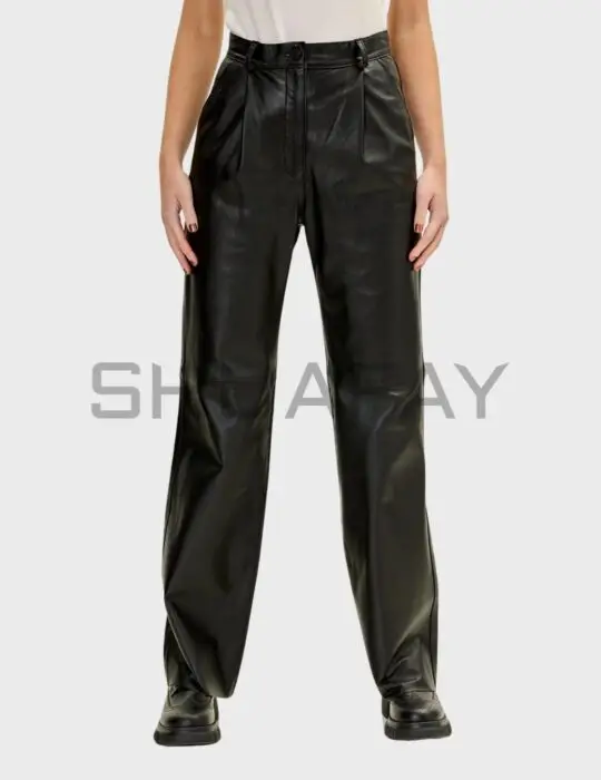 Prime Legacy Leather Pants for Women - Regular-fit lambskin leather pants with two pockets, button-and-zipper closure, and clean design.