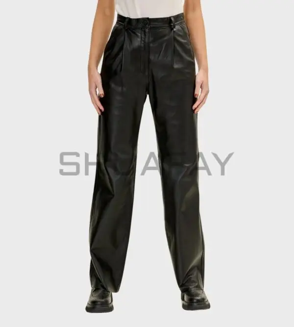 Prime Legacy Leather Pants for Women - Regular-fit lambskin leather pants with two pockets, button-and-zipper closure, and clean design.