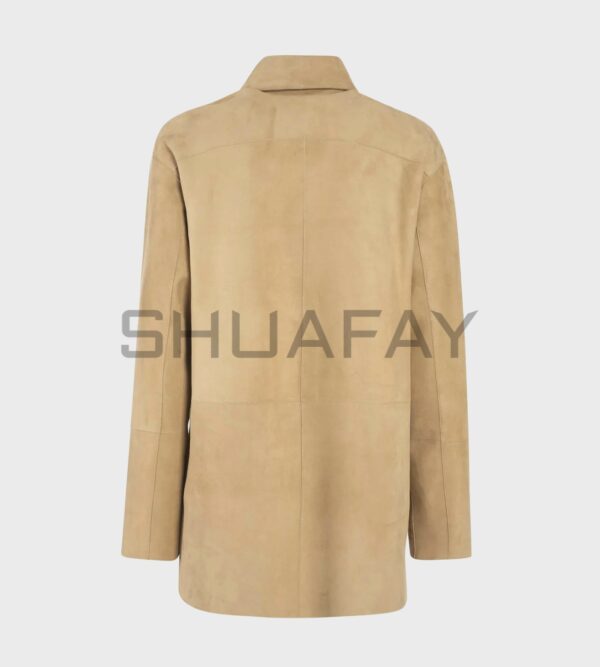 Auriana Lambskin Suede Shirt Jacket for Women - Premium suede leather, classic shirt collar, hidden button closure, minimalist design, elegant and versatile.