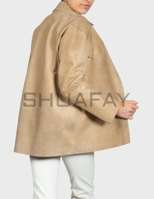 ShuaFAY oversized beige leather jacket, luxury biker leather coat, stylish oversized leather jacket, premium women's biker gear, high-end fashion outerwear.