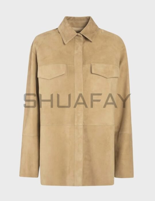 Auriana Lambskin Suede Shirt Jacket for Women - Premium suede leather, classic shirt collar, hidden button closure, minimalist design, elegant and versatile.