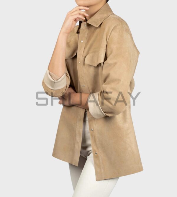 Auriana Lambskin Suede Shirt Jacket for Women - Premium suede leather, classic shirt collar, hidden button closure, minimalist design, elegant and versatile.