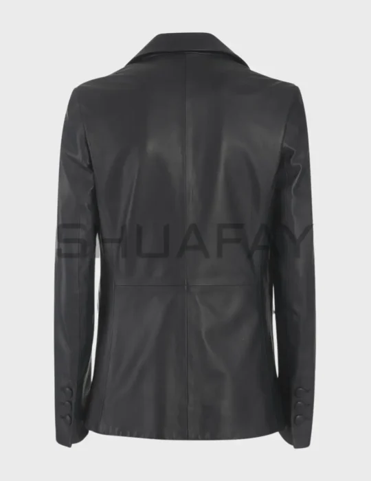 Elysian Lambskin Blazer – premium lambskin leather, tailored fit, single-button closure, versatile flap-over pockets.