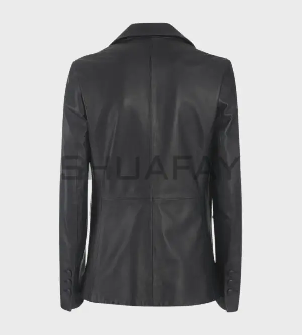 Elysian Lambskin Blazer – premium lambskin leather, tailored fit, single-button closure, versatile flap-over pockets.