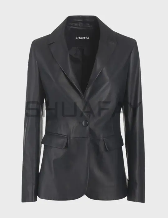 Elysian Lambskin Blazer – premium lambskin leather, tailored fit, single-button closure, versatile flap-over pockets.