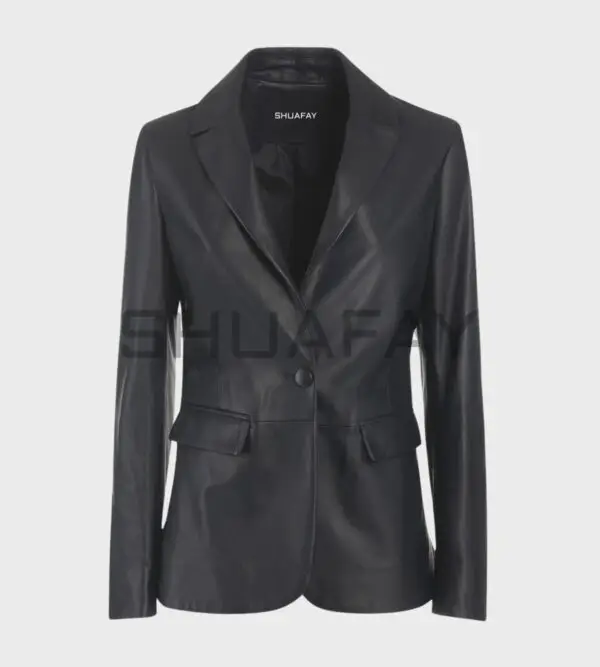 Elysian Lambskin Blazer – premium lambskin leather, tailored fit, single-button closure, versatile flap-over pockets.