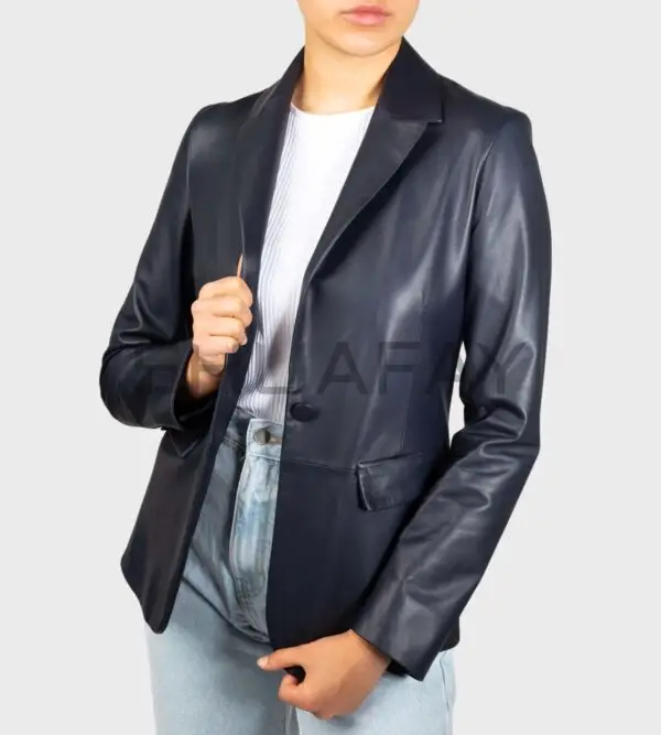 Elysian Lambskin Blazer – premium lambskin leather, tailored fit, single-button closure, versatile flap-over pockets.